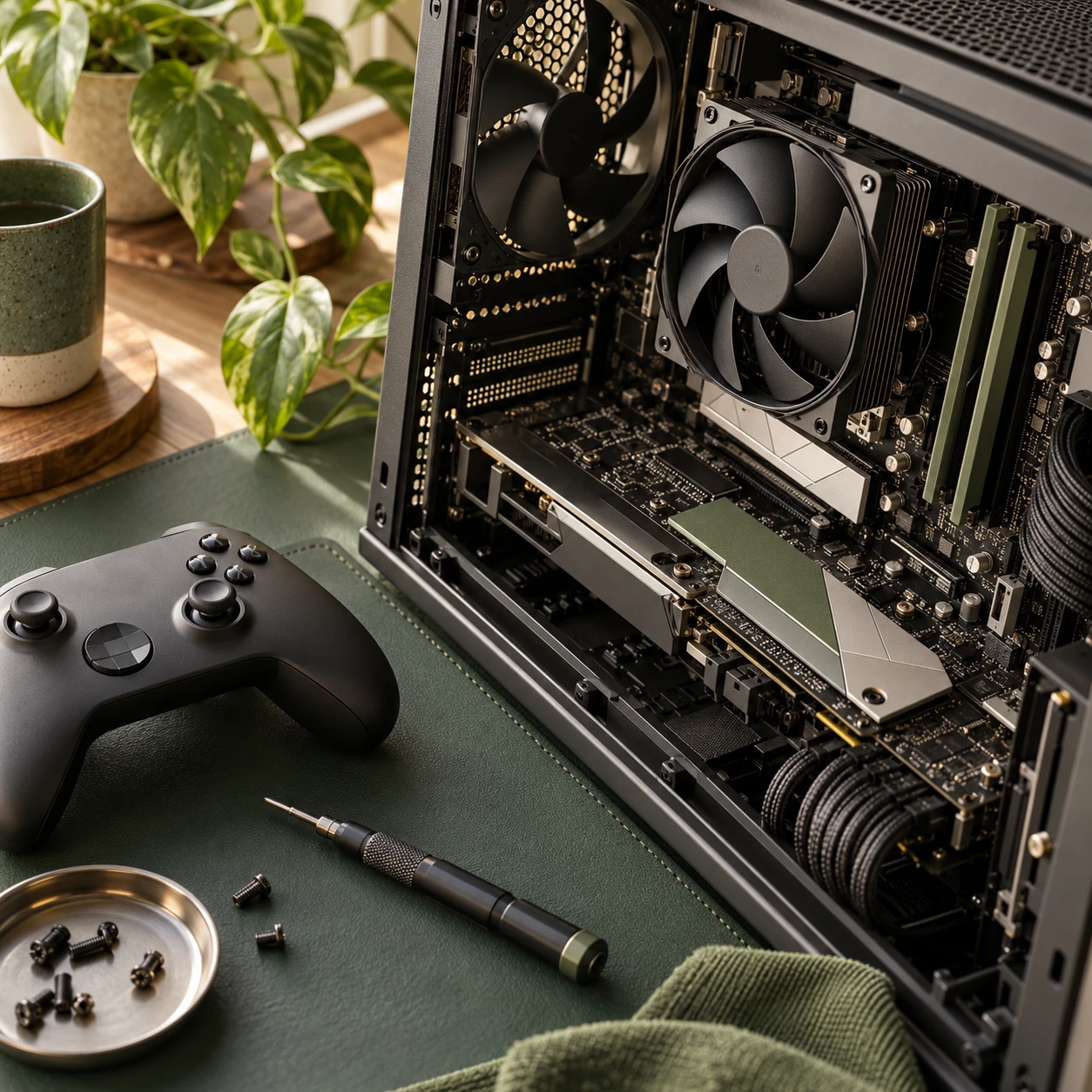 Composizione illustrativa con componenti PC, controller e strumenti per la manutenzione